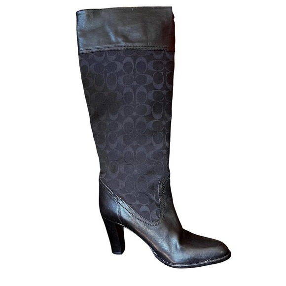 Coach Yvette Tall Leather & Logo Fabric Mixed Media Boots Black Women's Size 10B - Picture 2 of 10